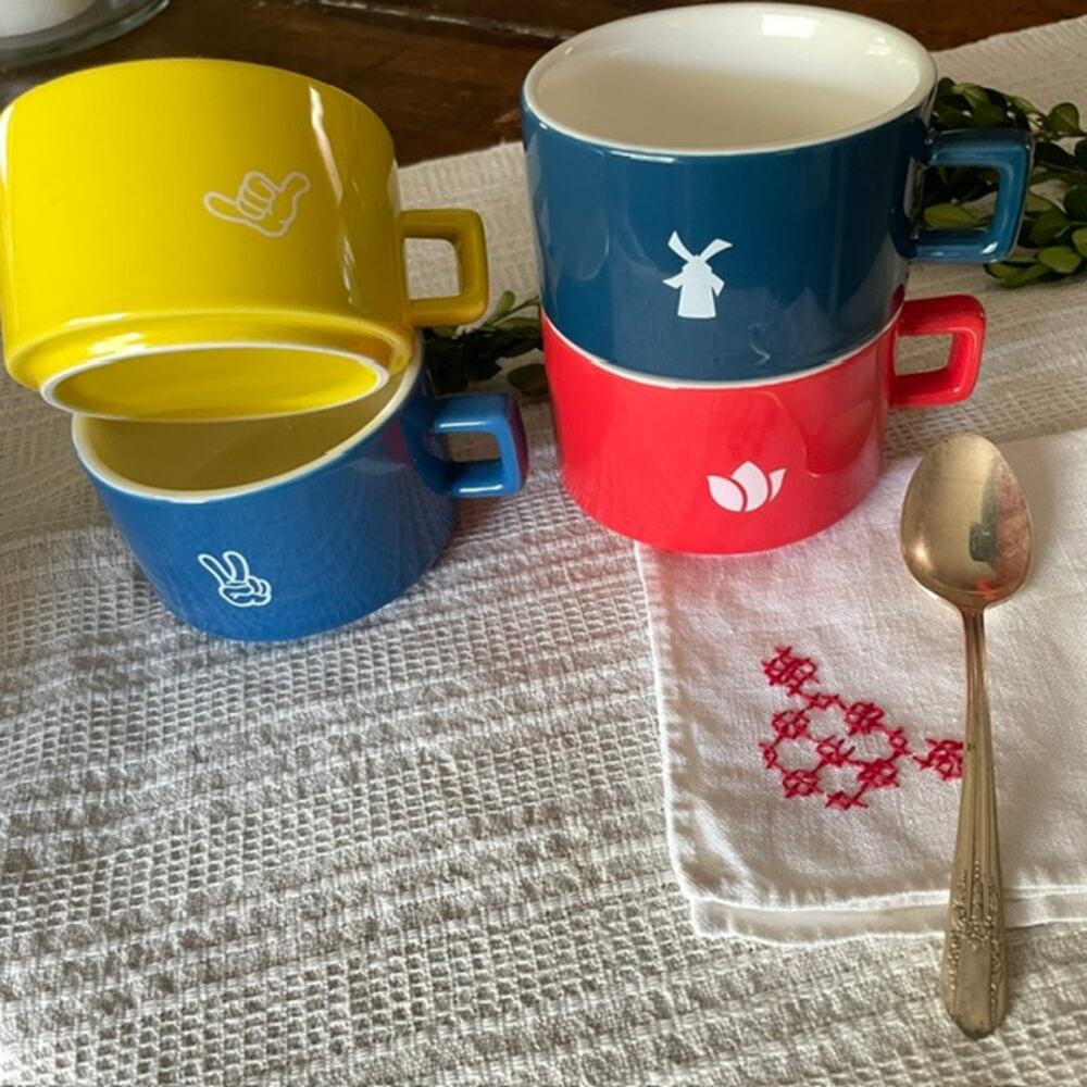 Retired Dutch Bros Stackable Espresso Mug Set of 4 Colorful Ceramic Cups